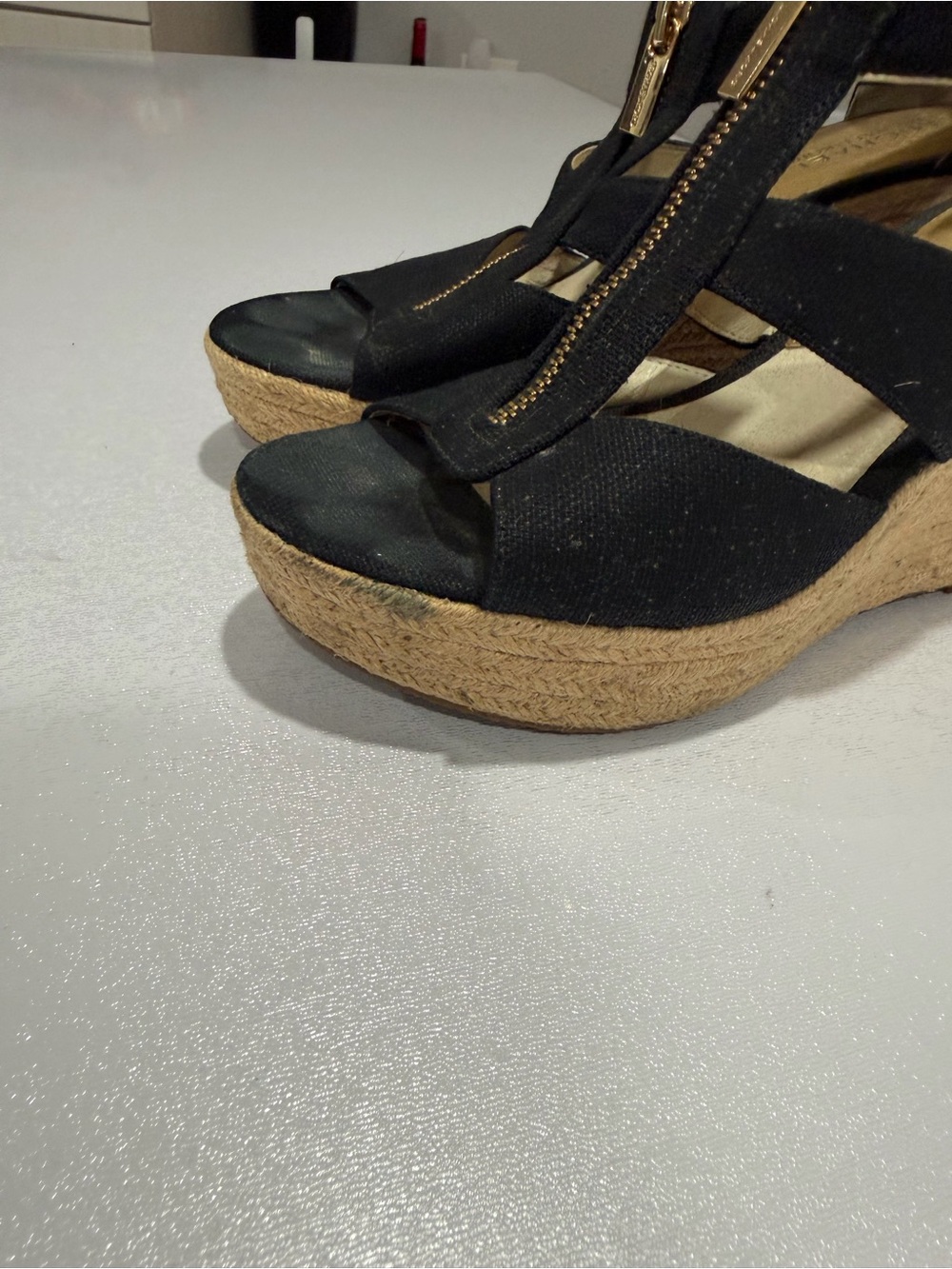 Michael Kors Black Wedge Sandals with Gold Zipper Detail - Picture 3 of 7